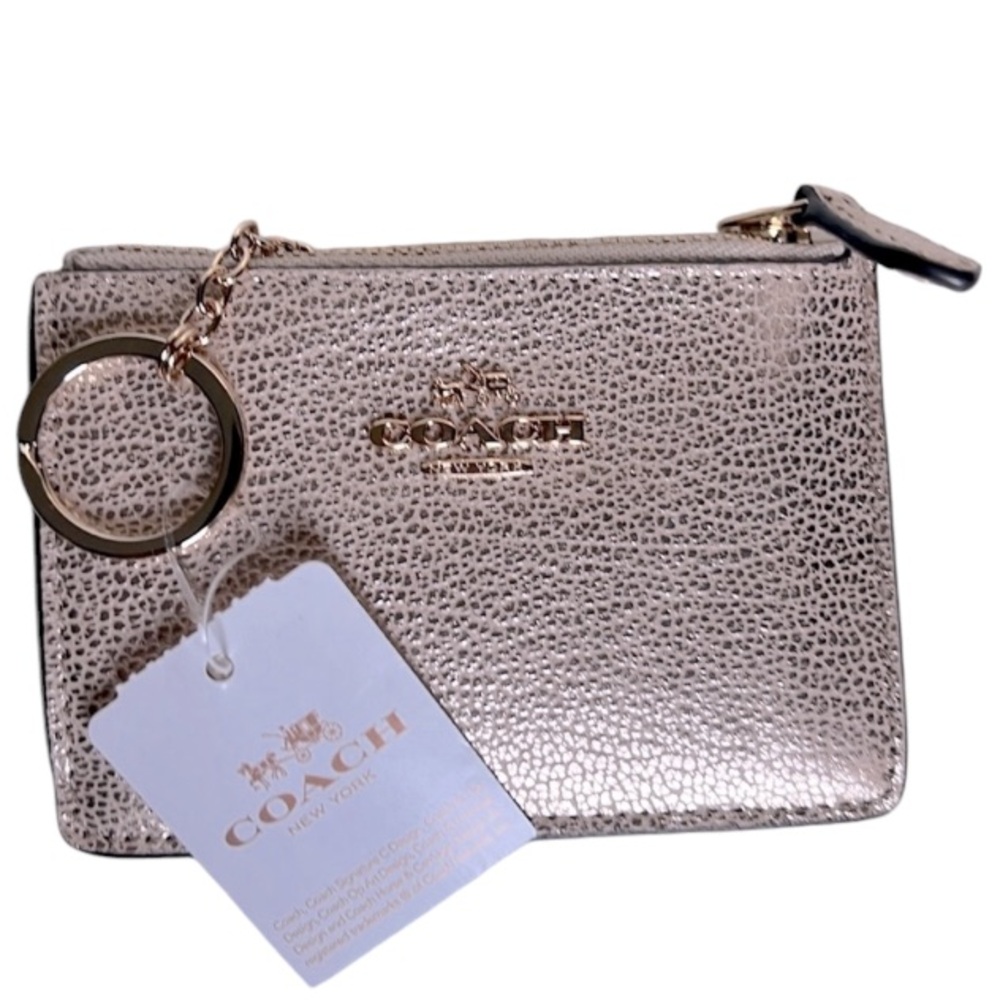 NWT COACH Rose Gold Platinum Coin & Card Holder w/Attached Key Ring